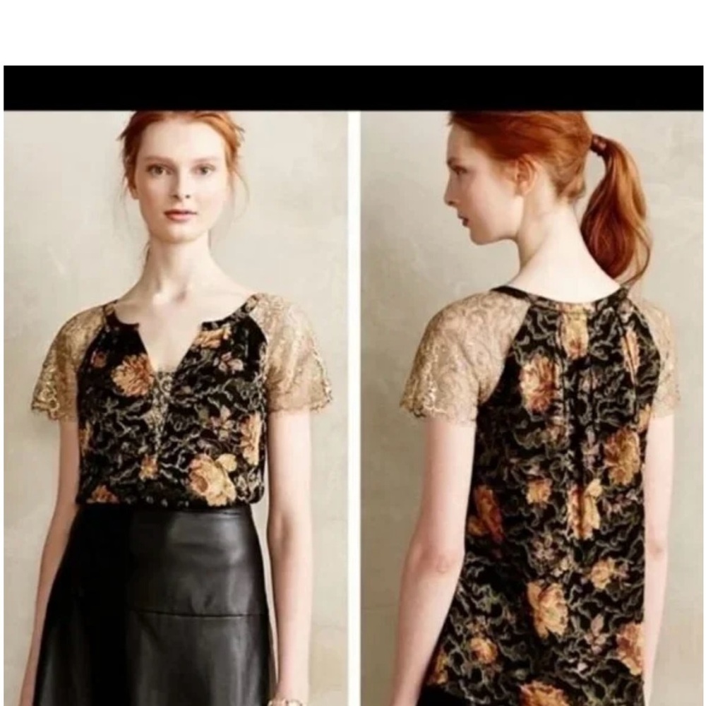 Anthropologie HD In Paris Disa Silk Floral Burnout Top Gold Lace Sleeve Sz O EUC